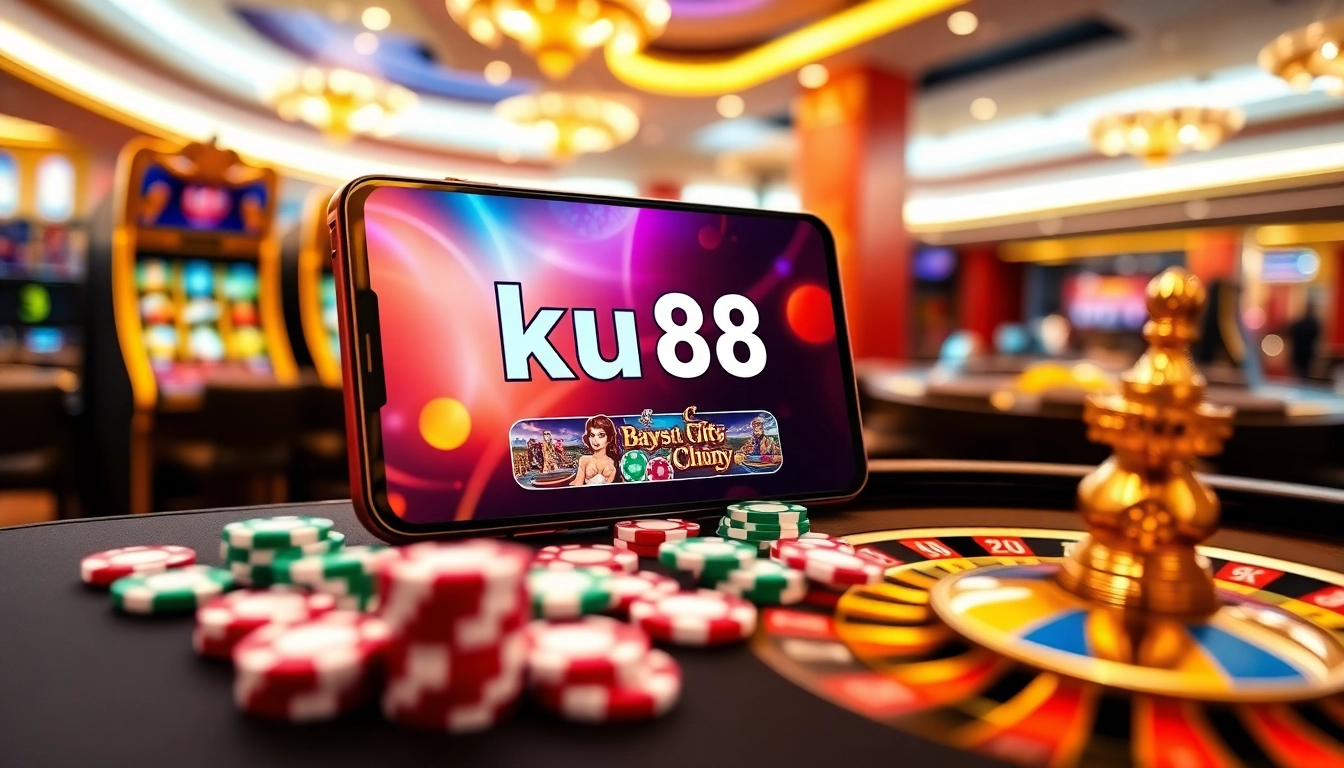 Engaging scene of online casino with link ku88 showcasing vibrant gaming options and exciting gambling atmosphere.