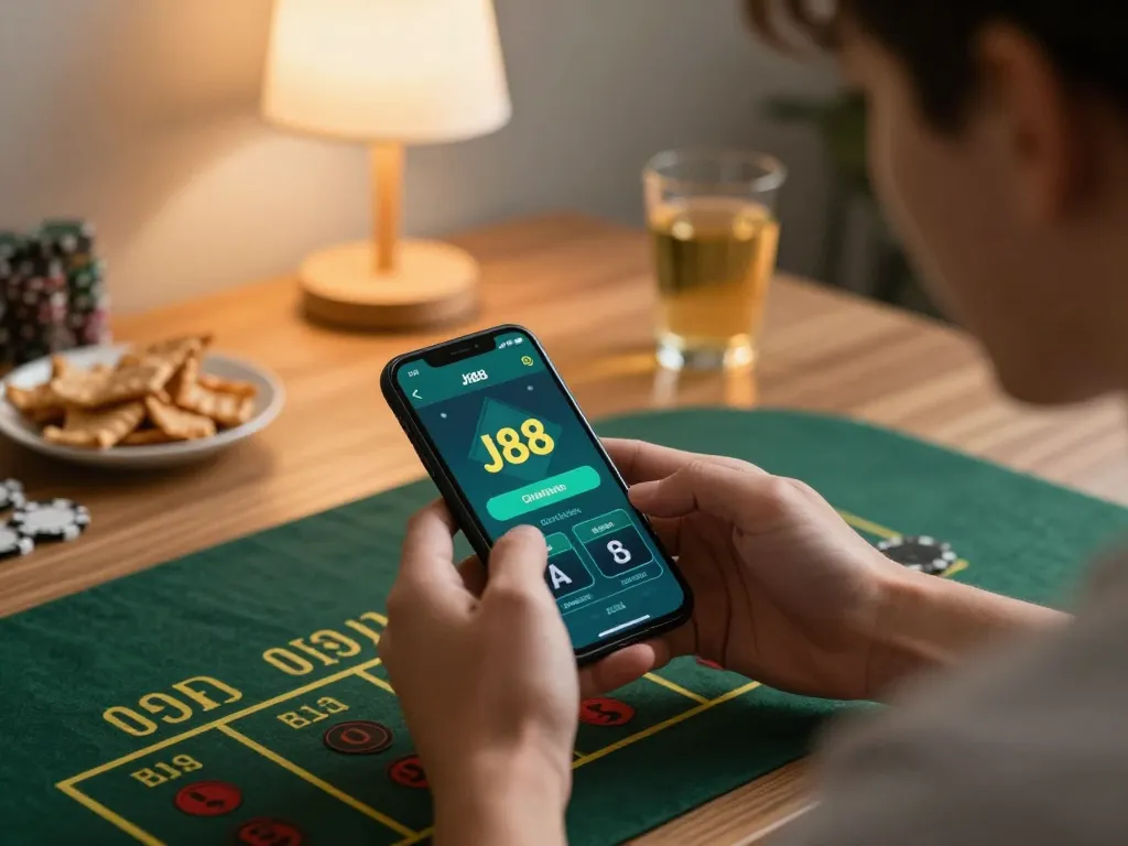 Player placing a bet on the J88 mobile app, showcasing intense focus in a cozy gaming setup