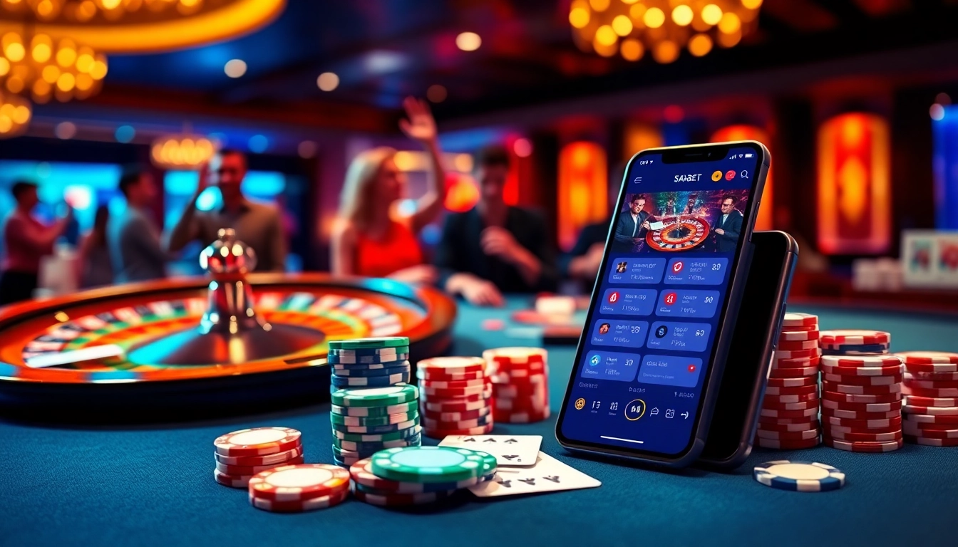Experience thrilling gameplay with SAOBET at a luxurious mobile casino featuring poker chips and a roulette wheel.