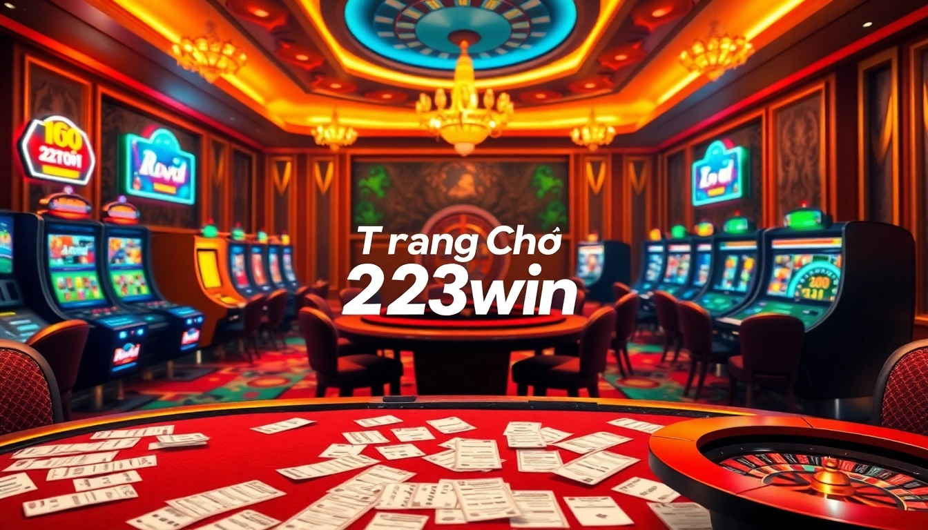 Experience the vibrant scene of gambling at the trang chủ 23win, featuring slot machines and poker tables.
