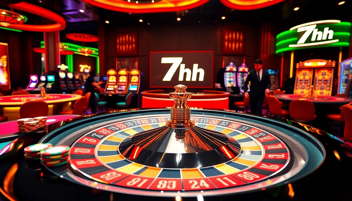 Gambling excitement at a luxurious casino featuring 7hh branding, poker chips, and casino tables