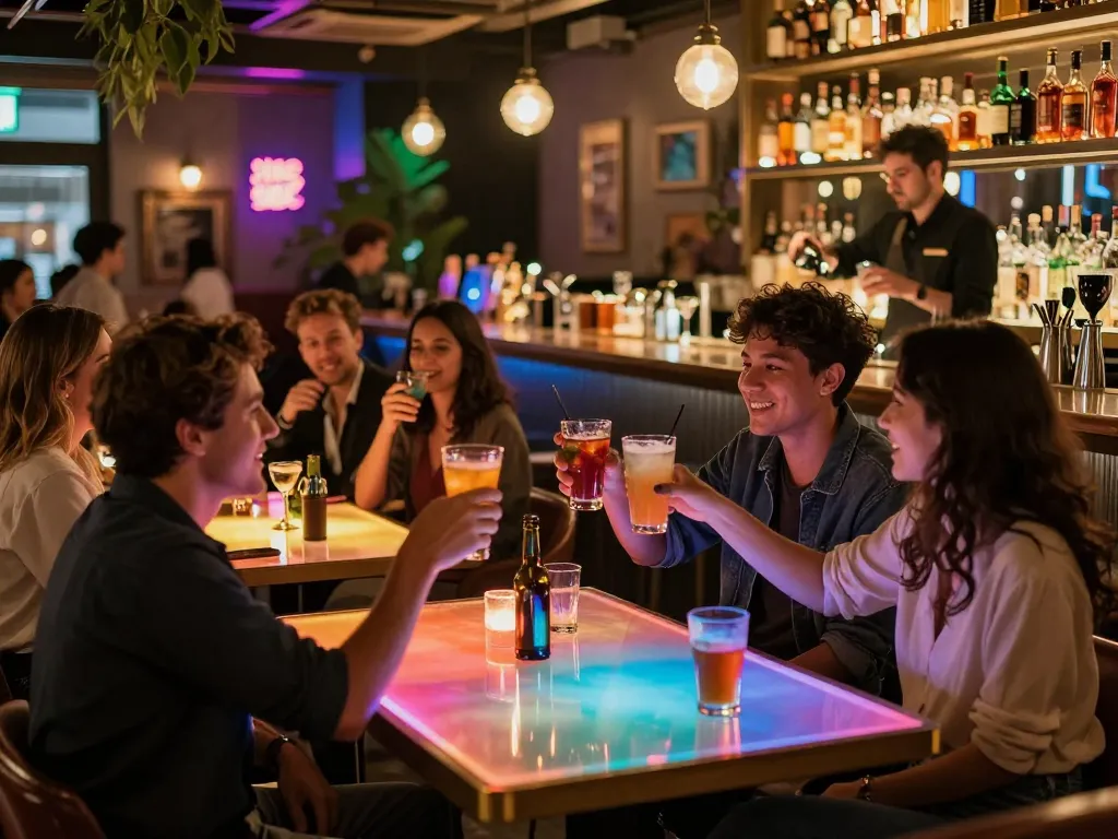 Vibrant bar scene at https://tx88.bar/ featuring patrons celebrating with drinks.