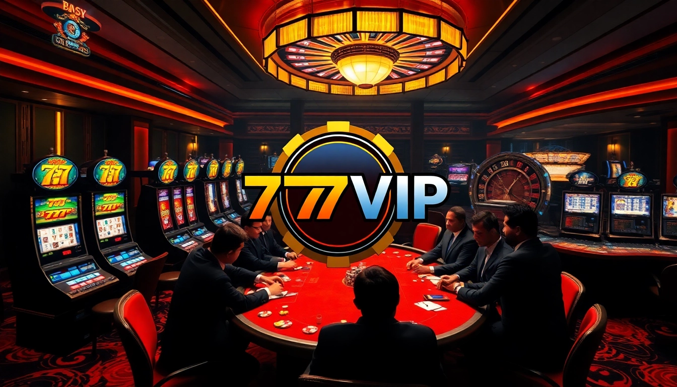 Experience the thrill of gambling at 777VIP, showcasing luxury poker tables and vibrant slot machines.
