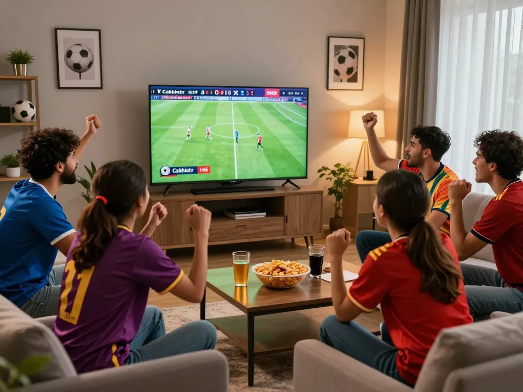 Cakhiatv fans enjoying a live football match in HD quality with snacks and drinks in a vibrant home setting.