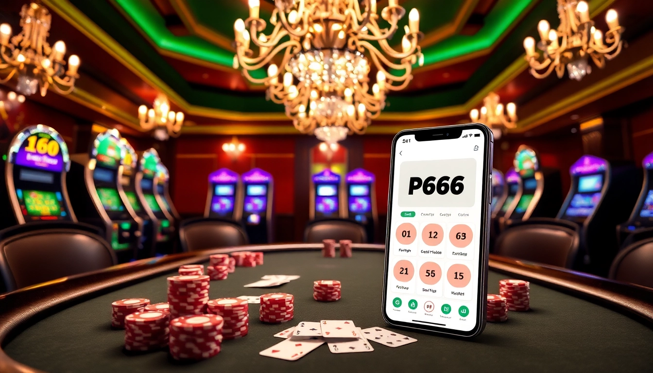 Gamblers enjoying the PG66 App in a luxurious casino environment with poker chips and slot machines.