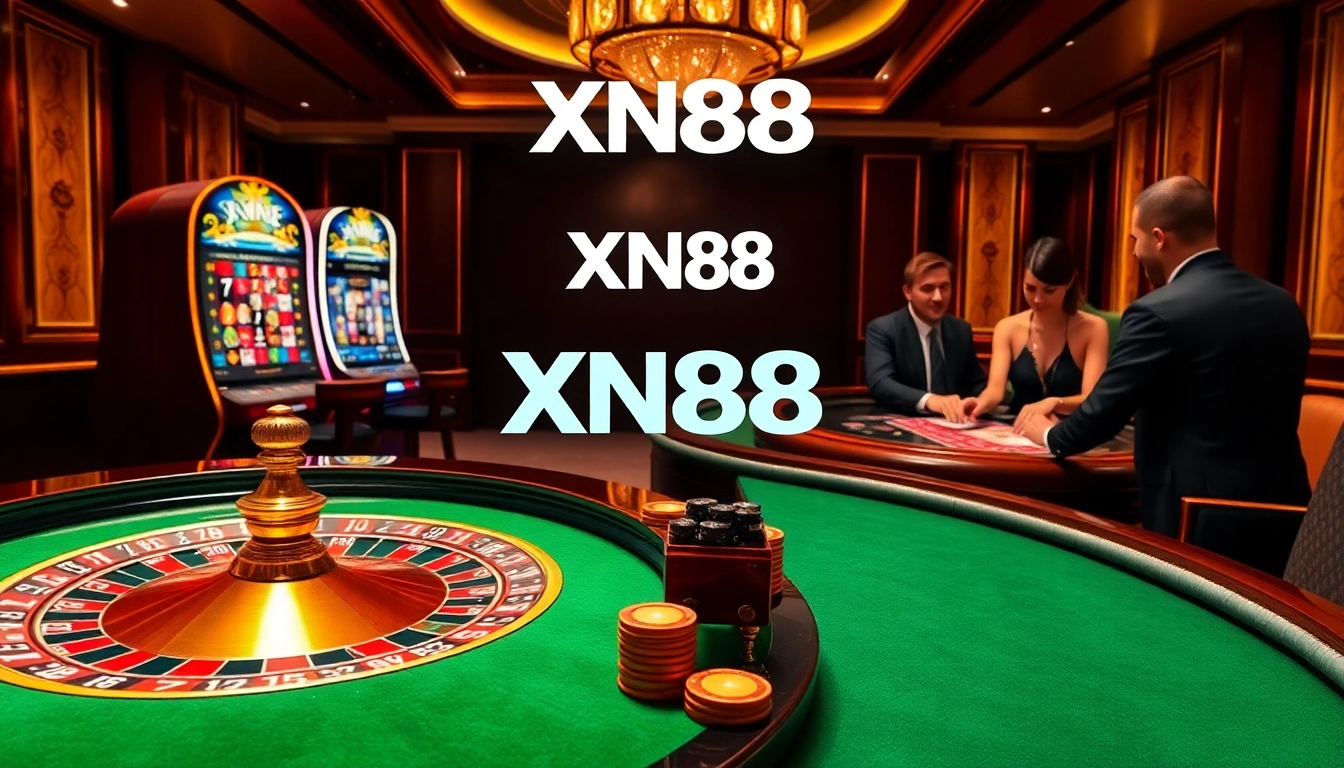 Players enjoying a thrilling game at XN88 casino, with vibrant roulette and dynamic poker interactions.