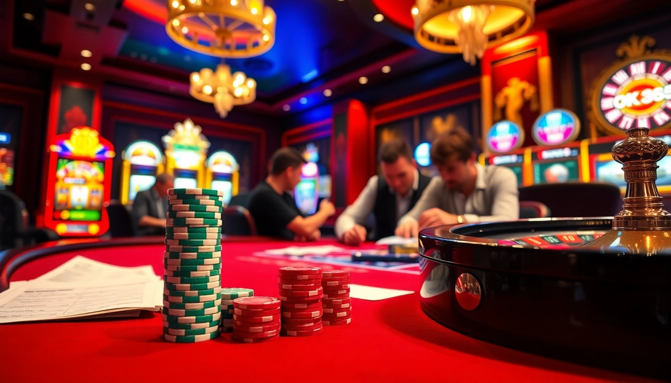Gambling action at OK365.vision with poker chips and a vibrant casino atmosphere.