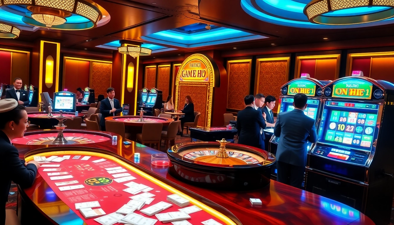Experience the exhilarating Game Nổ Hũ at a luxurious casino, where players engage with vibrant slot machines and tables.